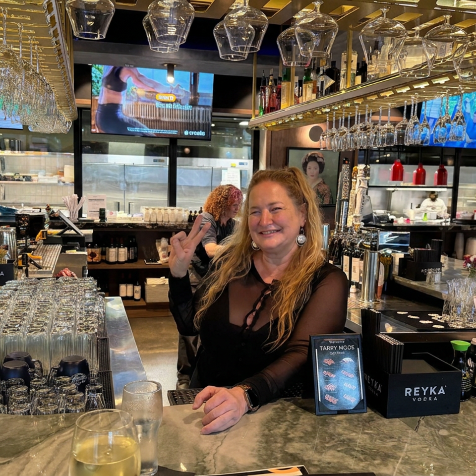 Smiling bartender poses behind a polished restaurant bar stocked with glassware, bottles, and hanging wine glasses.