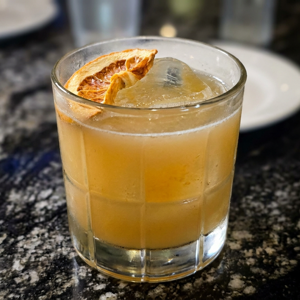 Golden cocktail with ice and a dried citrus garnish in a rocks glass on a dark granite restaurant table.