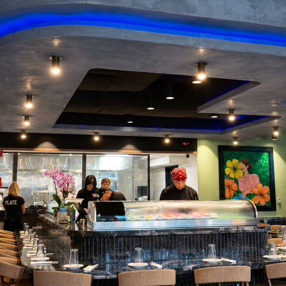 Modern restaurant interior with blue-lit ceiling, sushi counter, chefs, dining tables, colorful artwork, and visible kitchen.