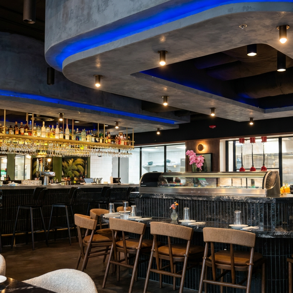 Contemporary restaurant interior with blue-lit ceilings, a stocked bar, open kitchen, and neatly set dining tables.