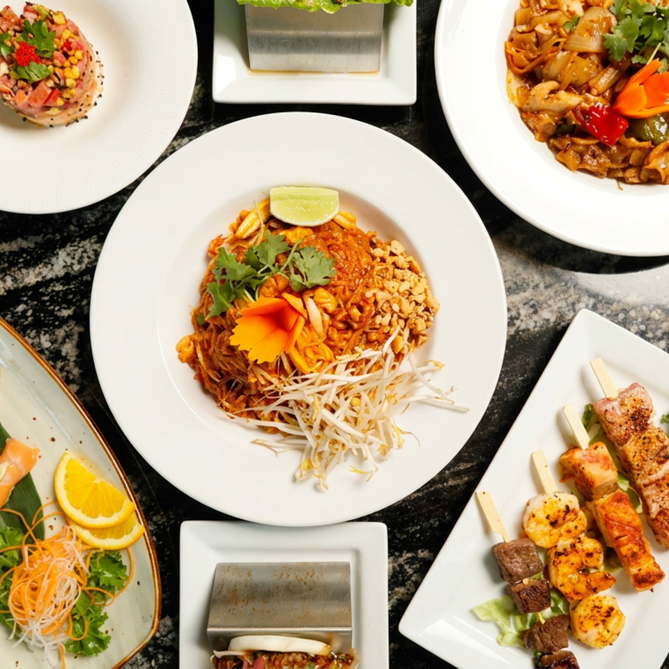 Overhead spread of Asian dishes, including noodles, sushi, skewers, seafood, rice, and colorful garnishes on assorted plates.