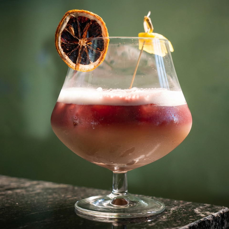Red cocktail with foamy top, dried citrus garnish, and lemon slice served in a stemmed glass on a dark table.