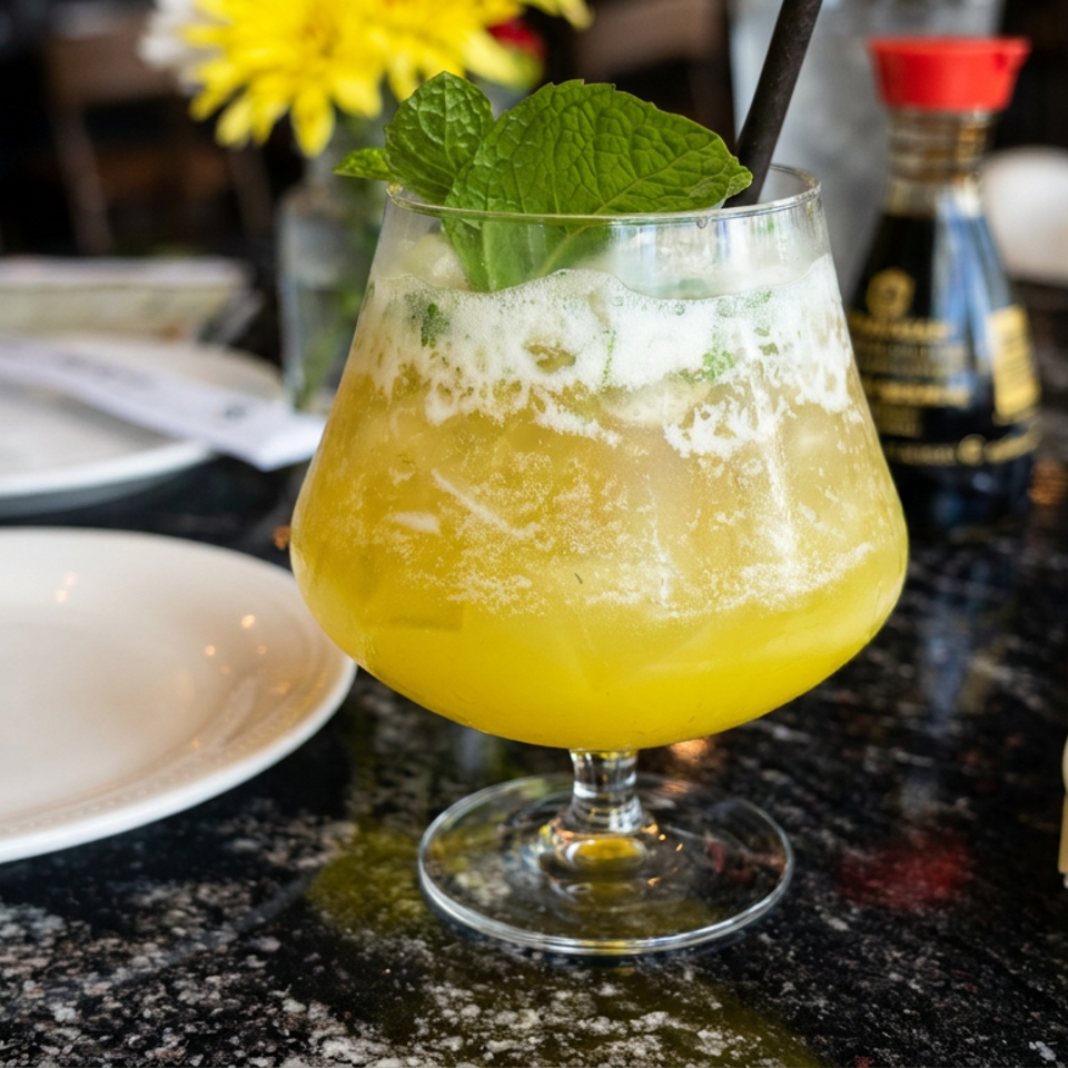 Yellow fizzy cocktail garnished with fresh mint, served in a stemmed glass on a restaurant table surrounded by white plates.