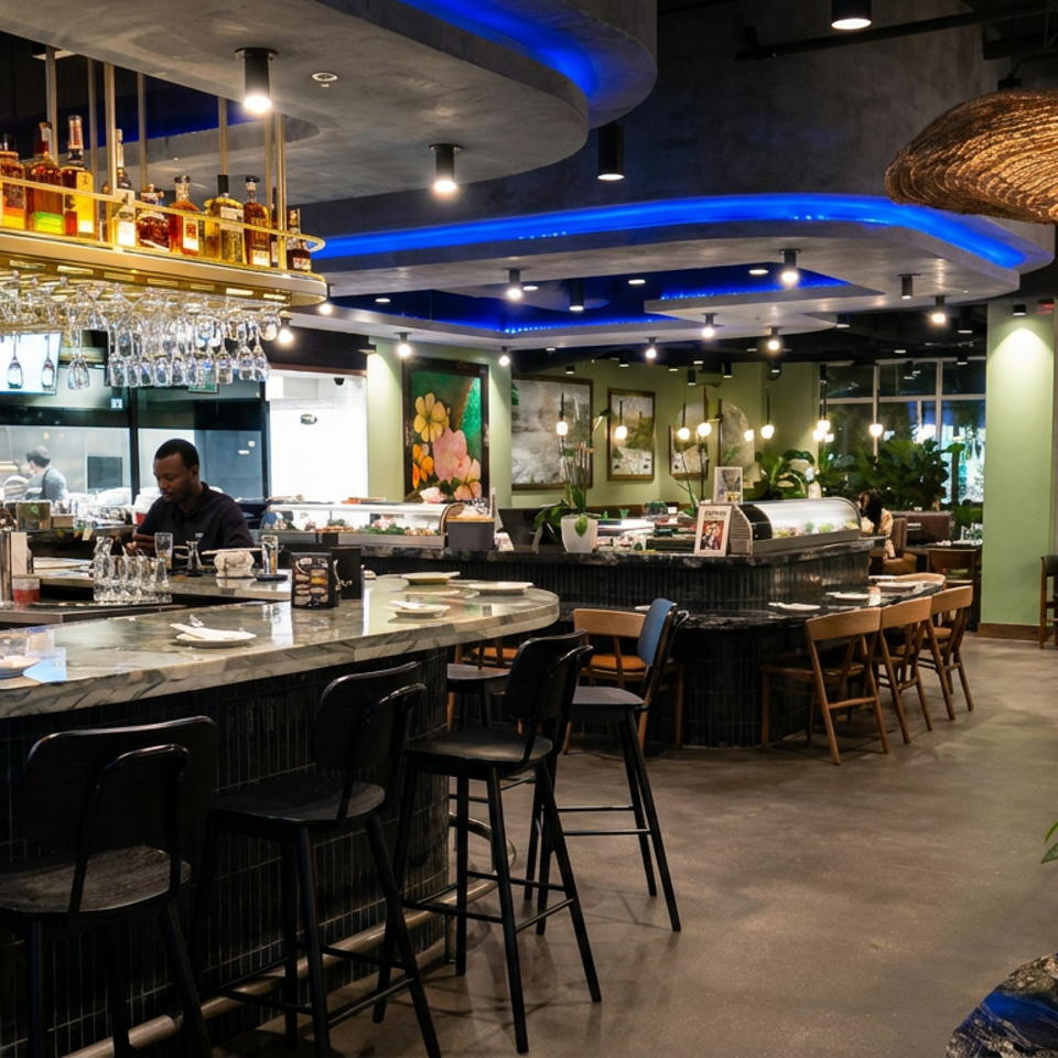 Modern restaurant interior with a marble bar, liquor shelves, hanging glassware, blue accent lighting, dining tables, and a staff member.