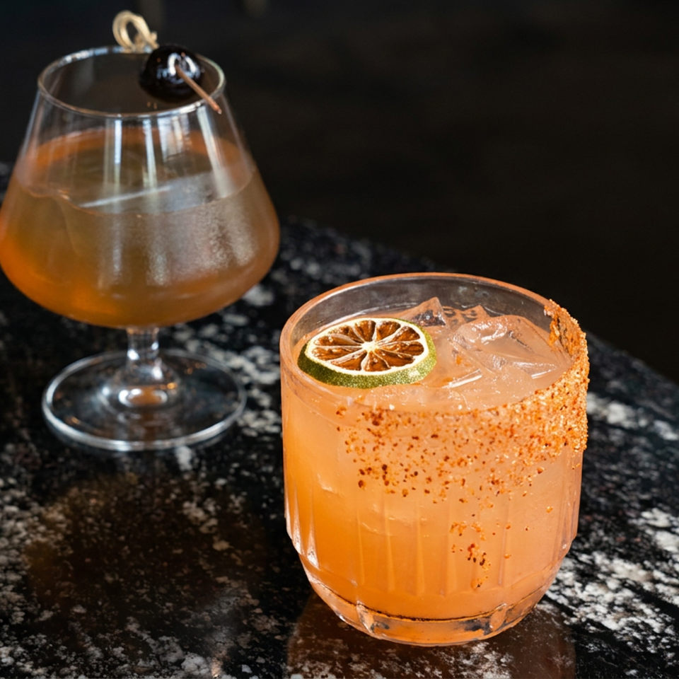 Two orange cocktails sit on a dark marble table, one garnished with lime and chili salt, the other with a cherry.