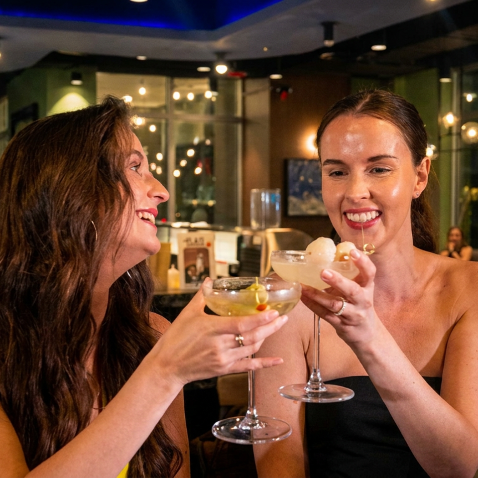 Two women toast with cocktails in a warmly lit restaurant dining room.