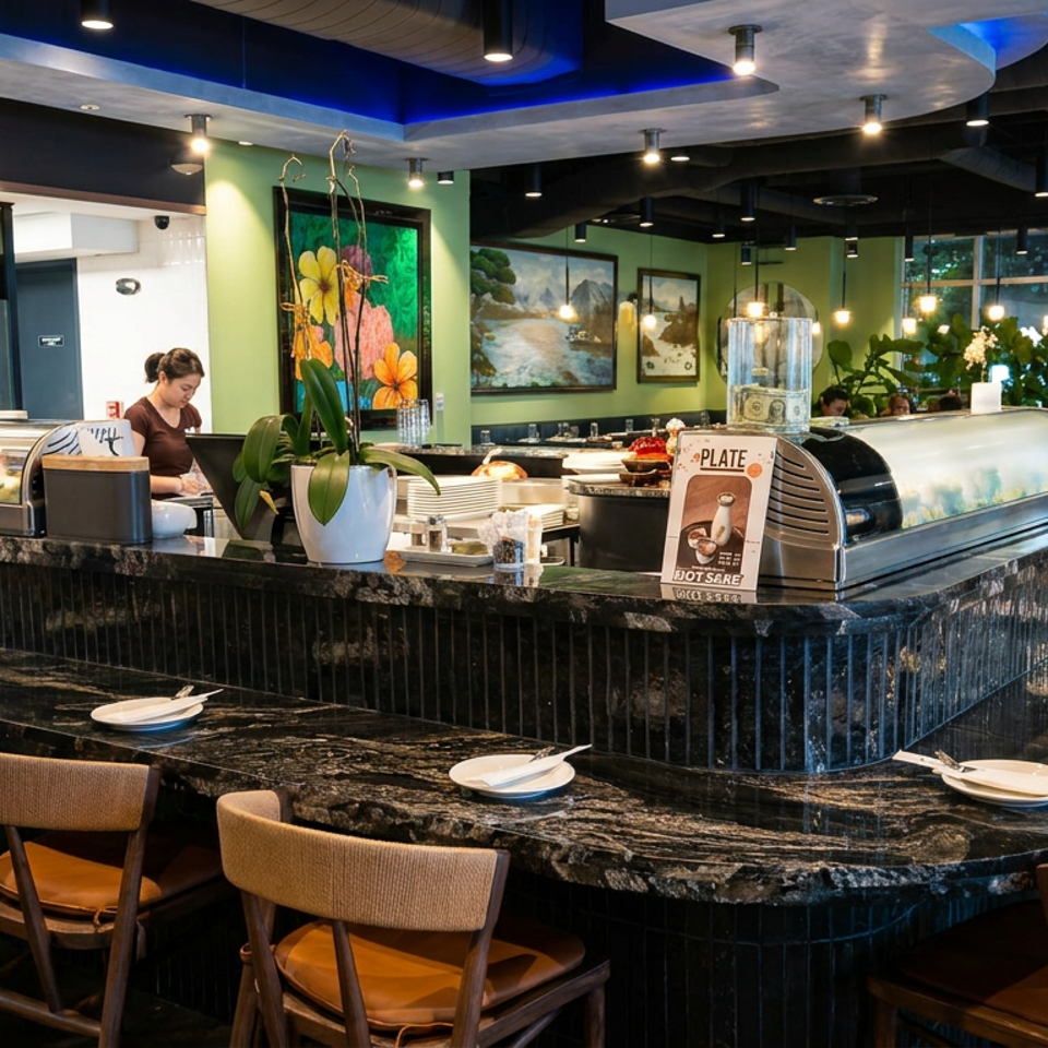 Modern restaurant interior with a curved black marble sushi bar, covered food displays, place settings, green walls, artwork, and pendant lighting.