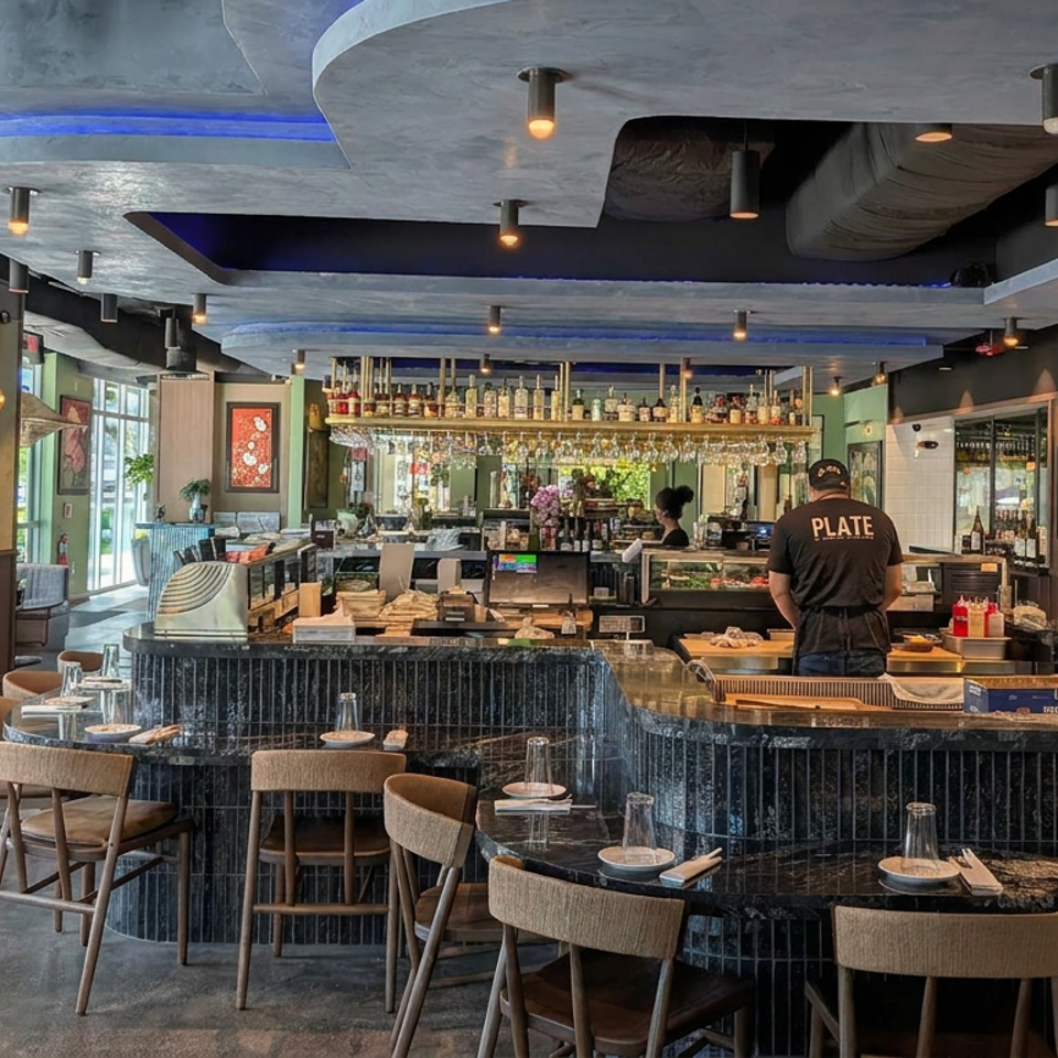 Contemporary restaurant interior with a central bar, displayed bottles, counter seating, and staff preparing food.