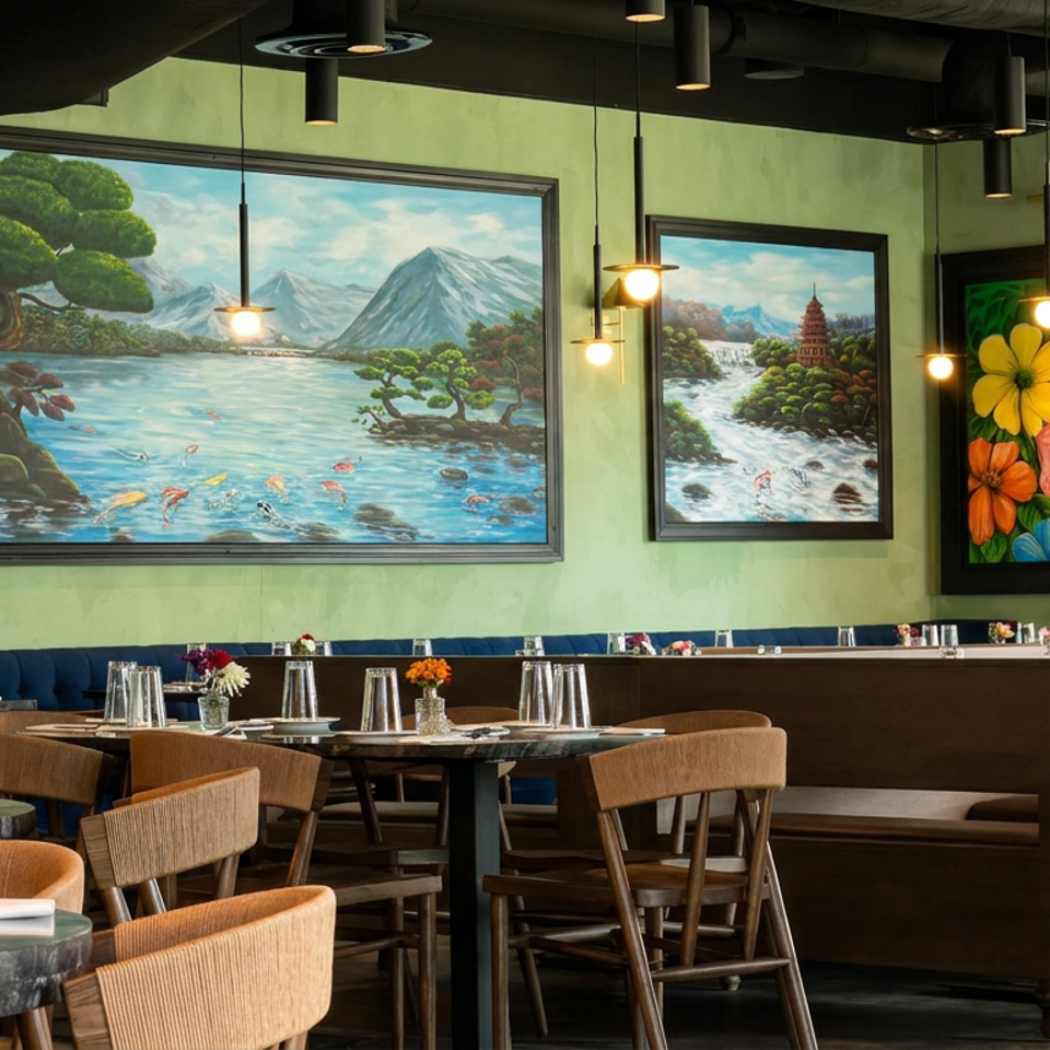Restaurant dining room with blue banquettes, set tables, pendant lights, and colorful landscape artwork on green walls.