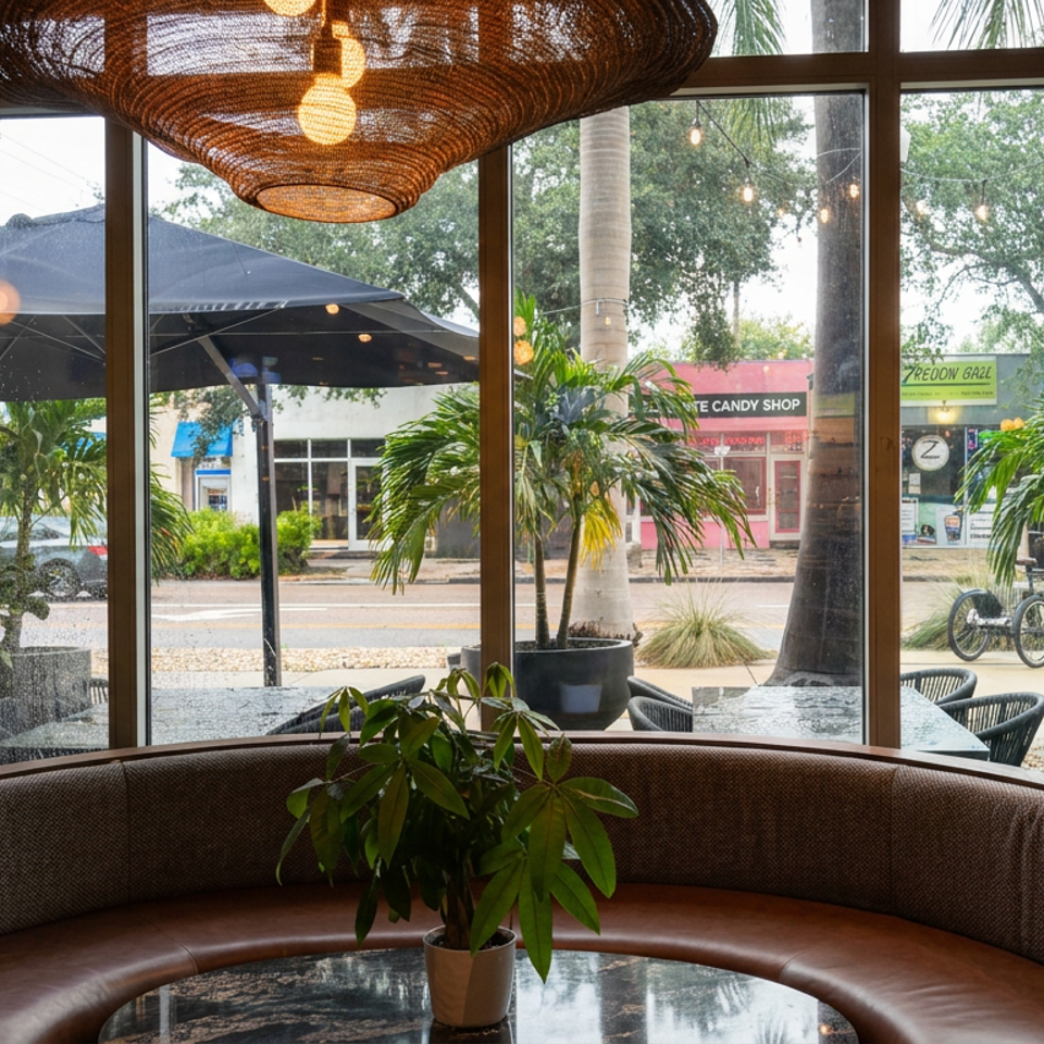 Restaurant interior with curved booth, potted plant, woven pendant light, and tropical street views through large windows.