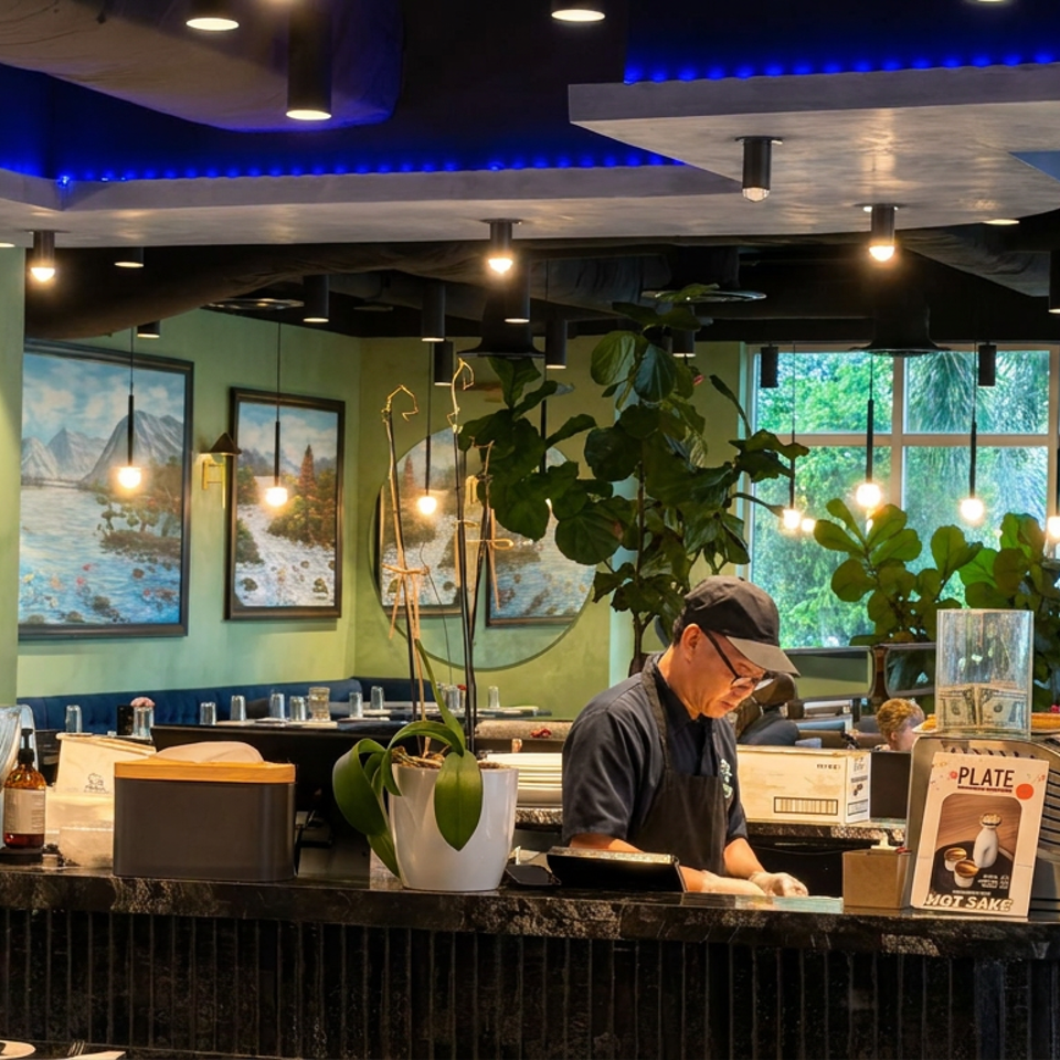 Sushi restaurant interior with chefs working behind the counter, colorful artwork, hanging lights, plants, and dining tables.